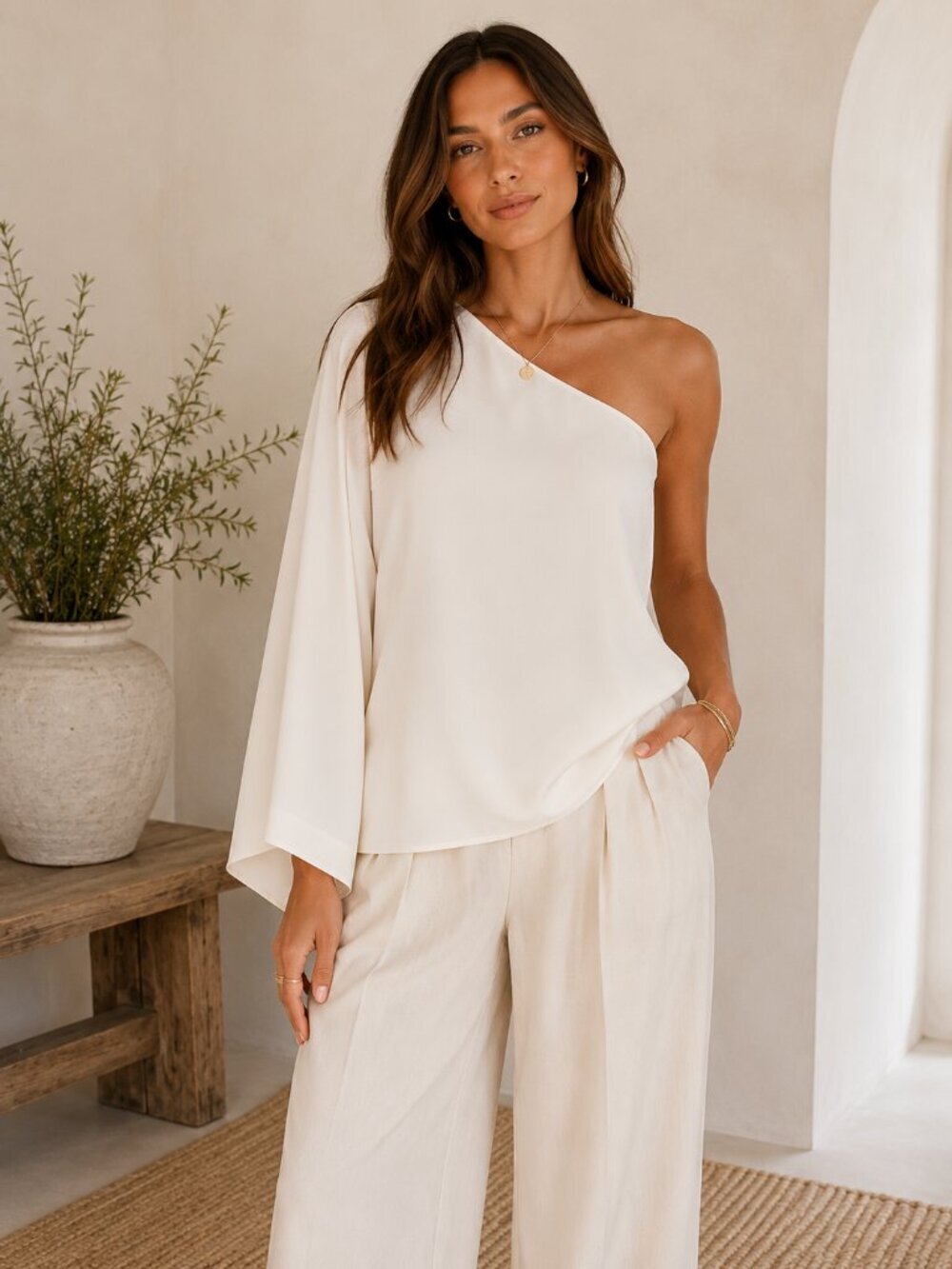 Elizabeth and James One Shoulder Drape Sleeve Blouse Ivory XL NWT Minimalist